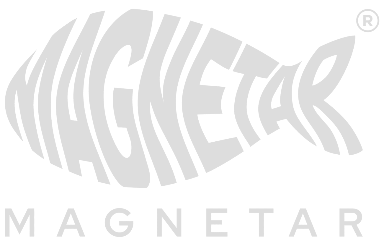 Magnetar logo with fish shaped brand icon for outdoor magnet fishing gear on a black background