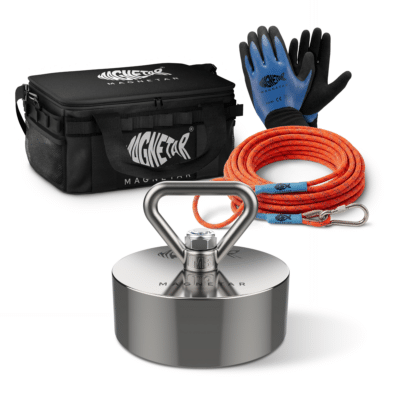 Studio product photo of Magnetar cylinder Barbarian X fishing magnet starter kit with a black bag, orange rope, and blue gloves.