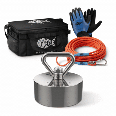 Beast X fishing magnet kit product photo with a heavy-duty neodymium magnet, orange rope, blue gloves, and black storage bag.