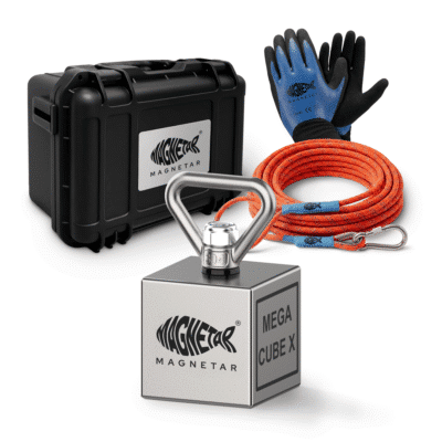 Product bundle photo of a Magnetar Mega Cube X fishing magnet kit including a black protective case, orange rope, and blue gloves.